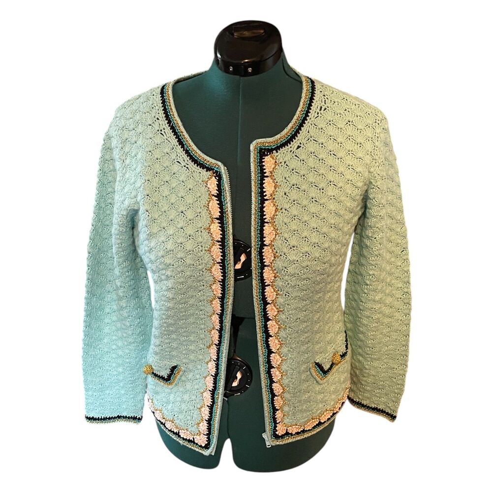 Vintage 90s NWT Berek Zip Up Embellished Cardigan Lady Jacket Pale Blue L